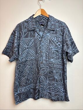 VTG Patagonia Men’s Medium A/C Print Shirt Whale Blue Bark Cloth Print  #53304